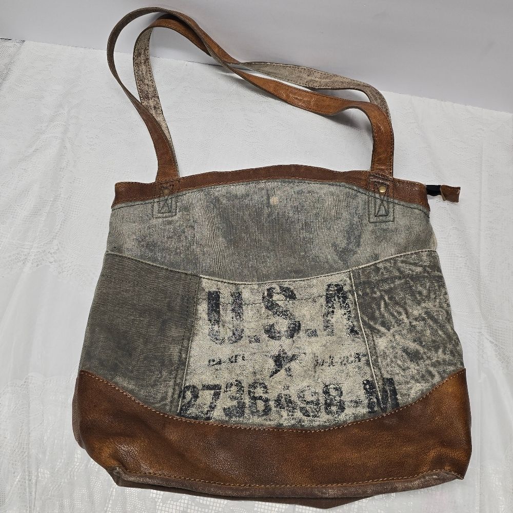MONA B USA Waxed Distressed Canvas Leather Tote Patriotic Hippie Bag Gray Brown